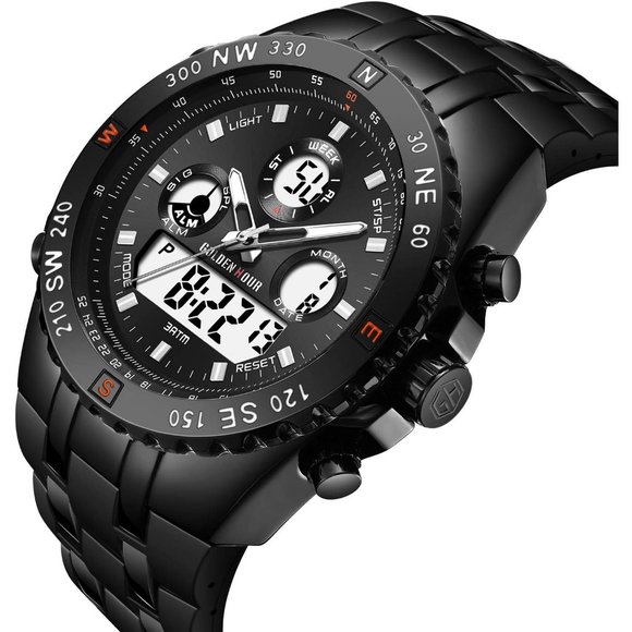 Men's Large Waterproof Stopwatch Luminous Digital Analog Watch with Rubber Band - Picture 2 of 7